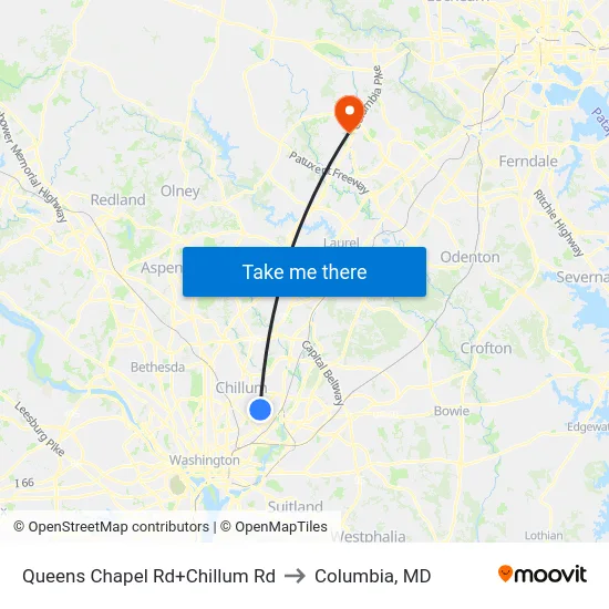 Queens Chapel Rd+Chillum Rd to Columbia, MD map