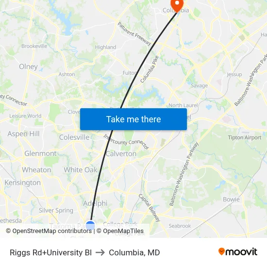 Riggs Rd+University Bl to Columbia, MD map