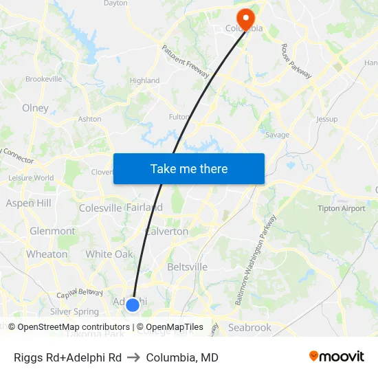 Riggs Rd+Adelphi Rd to Columbia, MD map