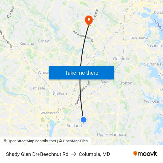 Shady Glen Dr+Beechnut Rd to Columbia, MD map
