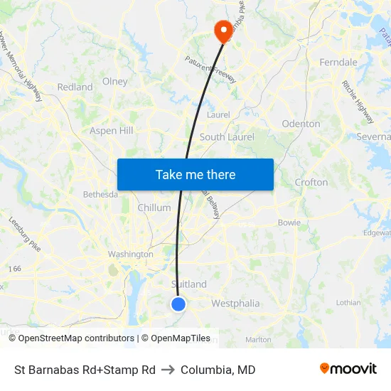 St Barnabas Rd+Stamp Rd to Columbia, MD map