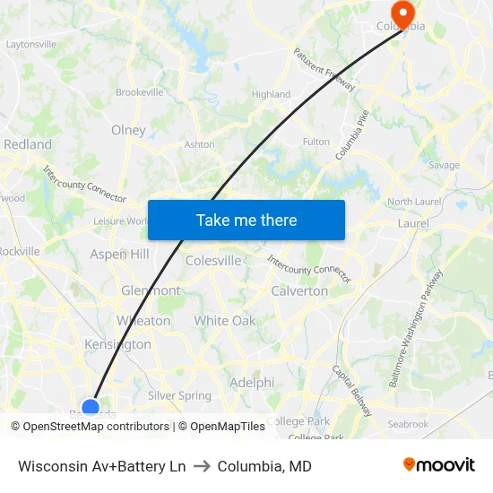Wisconsin Av+Battery Ln to Columbia, MD map