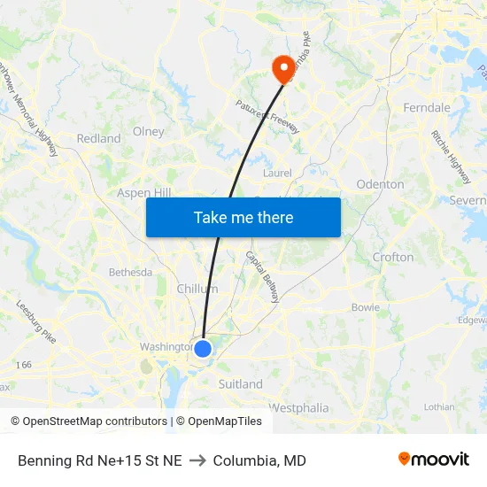 Benning Rd Ne+15 St NE to Columbia, MD map