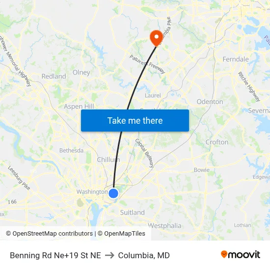 Benning Rd Ne+19 St NE to Columbia, MD map