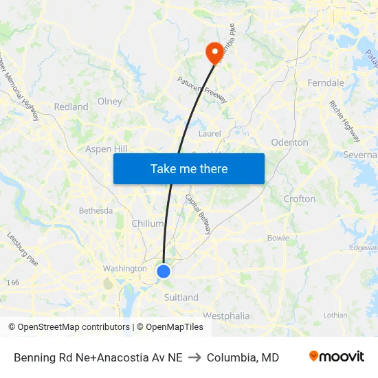 Benning Rd Ne+Anacostia Av NE to Columbia, MD map