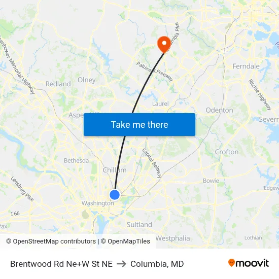 Brentwood Rd Ne+W St NE to Columbia, MD map