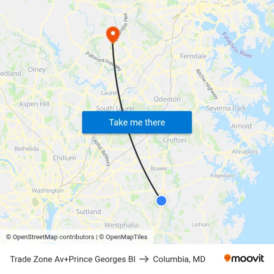 Trade Zone Av+Prince Georges Bl to Columbia, MD map