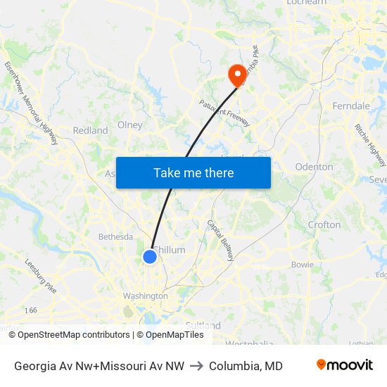 Georgia Av Nw+Missouri Av NW to Columbia, MD map