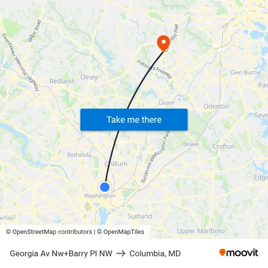 Georgia Av Nw+Barry Pl NW to Columbia, MD map