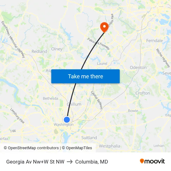 Georgia Av Nw+W St NW to Columbia, MD map