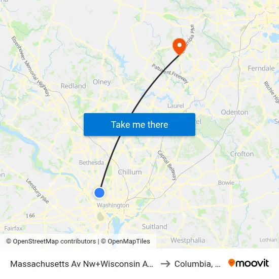 Massachusetts Av Nw+Wisconsin Av NW to Columbia, MD map