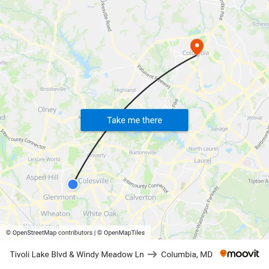 Tivoli Lake Blvd & Windy Meadow Ln to Columbia, MD map