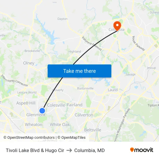 Tivoli Lake Blvd & Hugo Cir to Columbia, MD map