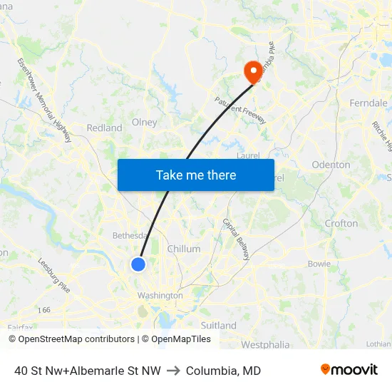 40 St Nw+Albemarle St NW to Columbia, MD map