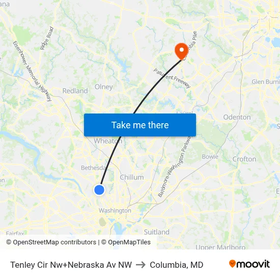 Tenley Cir Nw+Nebraska Av NW to Columbia, MD map