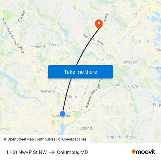 11 St Nw+P St NW to Columbia, MD map