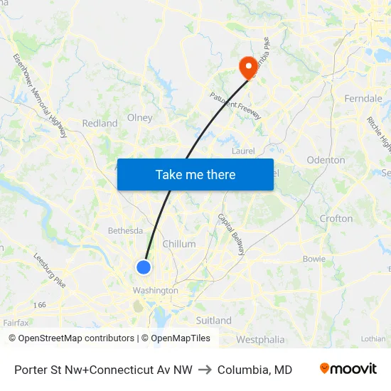 Porter St Nw+Connecticut Av NW to Columbia, MD map