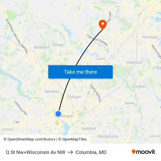 Q St Nw+Wisconsin Av NW to Columbia, MD map