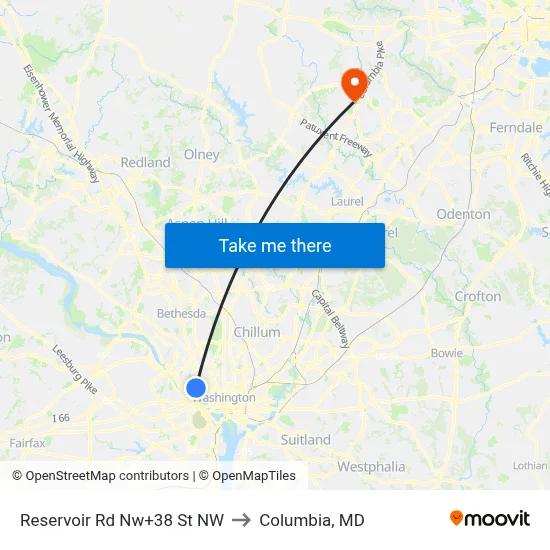 Reservoir Rd Nw+38 St NW to Columbia, MD map