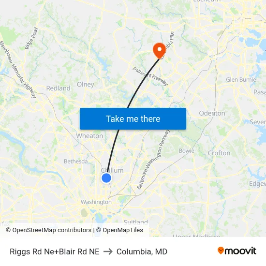 Riggs Rd Ne+Blair Rd NE to Columbia, MD map