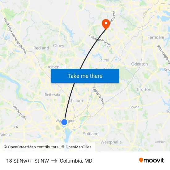 18 St Nw+F St NW to Columbia, MD map
