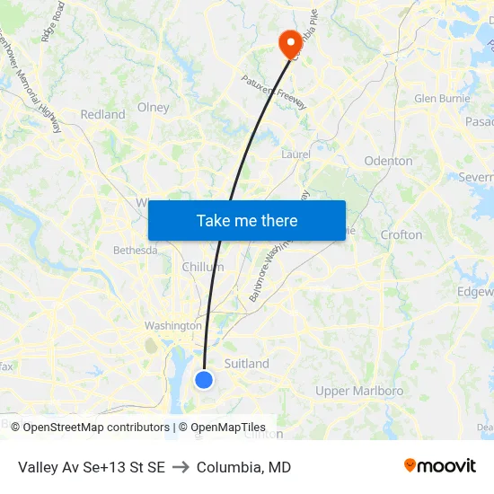 Valley Av Se+13 St SE to Columbia, MD map