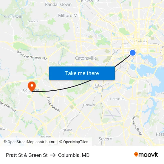 Pratt St & Green St to Columbia, MD map