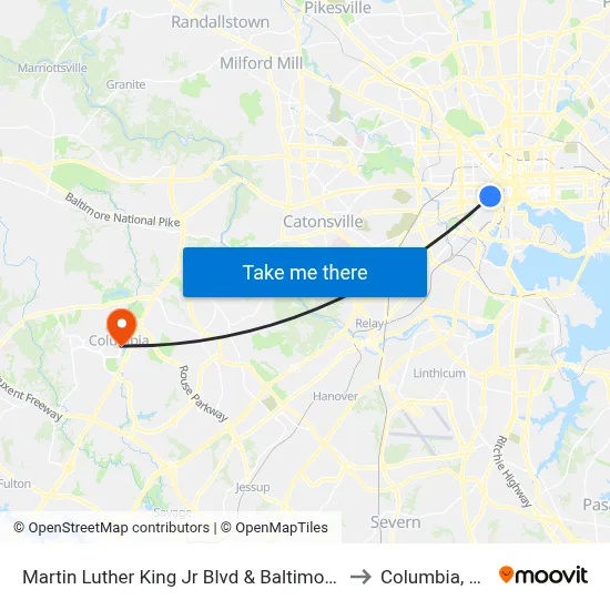 Martin Luther King Jr Blvd & Baltimore St to Columbia, MD map