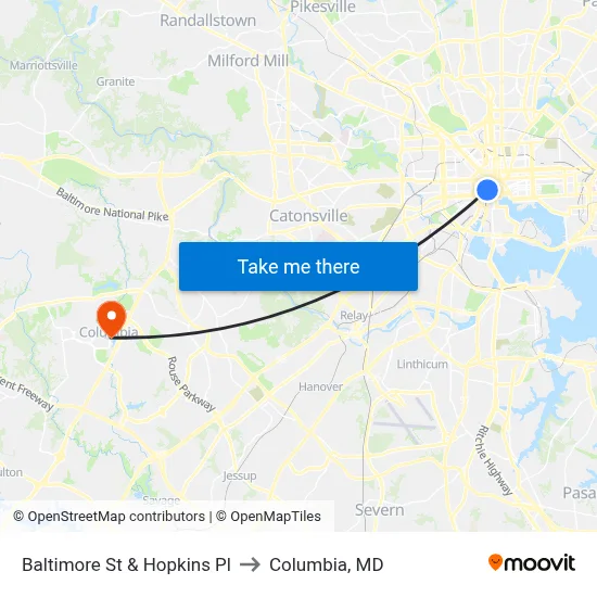 Baltimore St & Hopkins Pl to Columbia, MD map