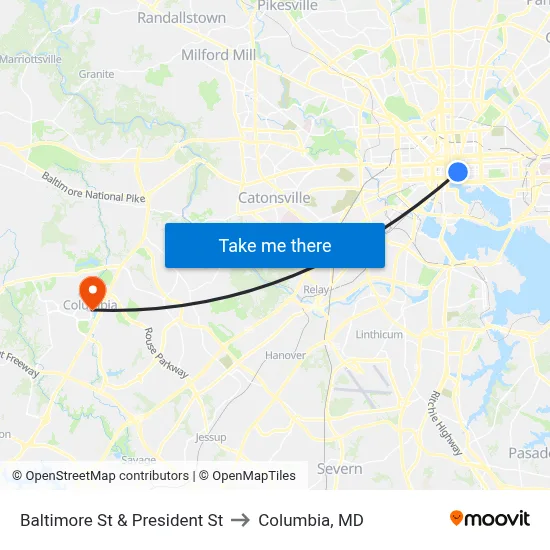 Baltimore St & President St to Columbia, MD map