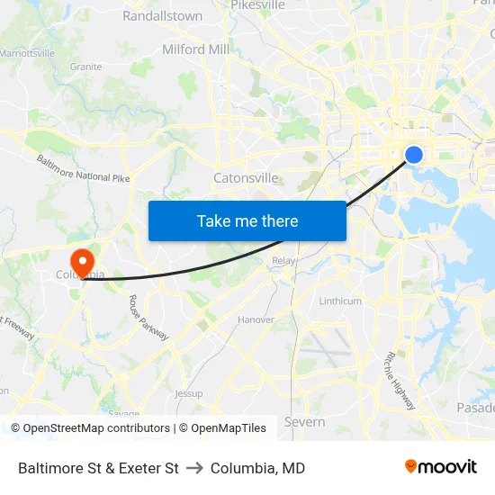Baltimore St & Exeter St to Columbia, MD map