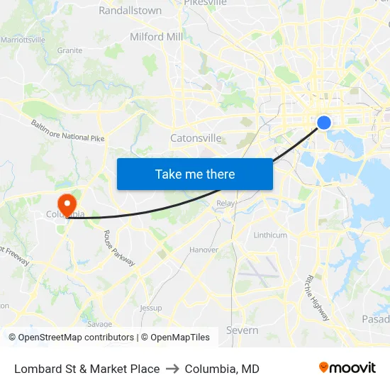 Lombard St & Market Place to Columbia, MD map