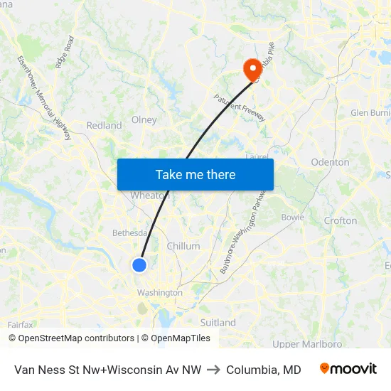 Van Ness St Nw+Wisconsin Av NW to Columbia, MD map