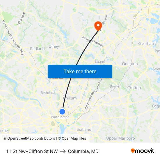 11 St Nw+Clifton St NW to Columbia, MD map