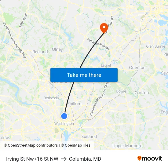 Irving St Nw+16 St NW to Columbia, MD map