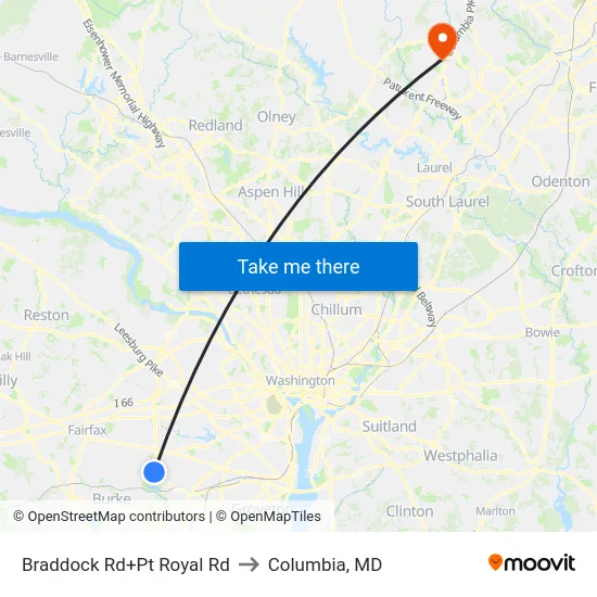 Braddock Rd+Pt Royal Rd to Columbia, MD map