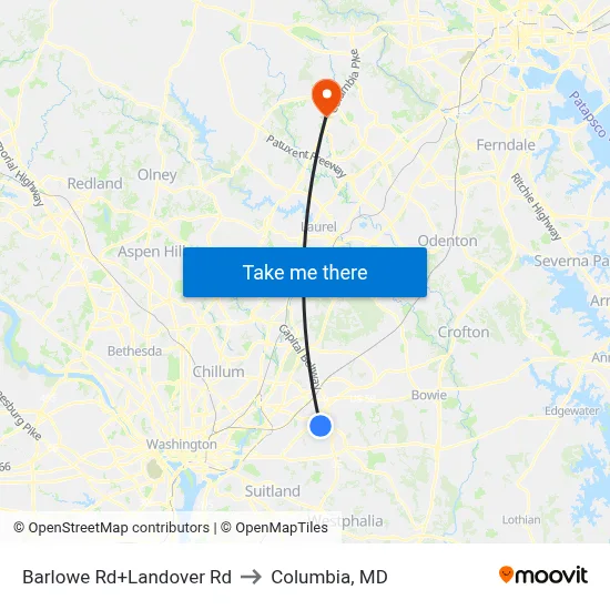 Barlowe Rd+Landover Rd to Columbia, MD map
