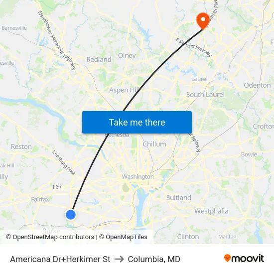 Americana Dr+Herkimer St to Columbia, MD map