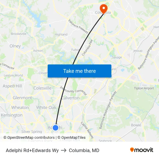 Adelphi Rd+Edwards Wy to Columbia, MD map