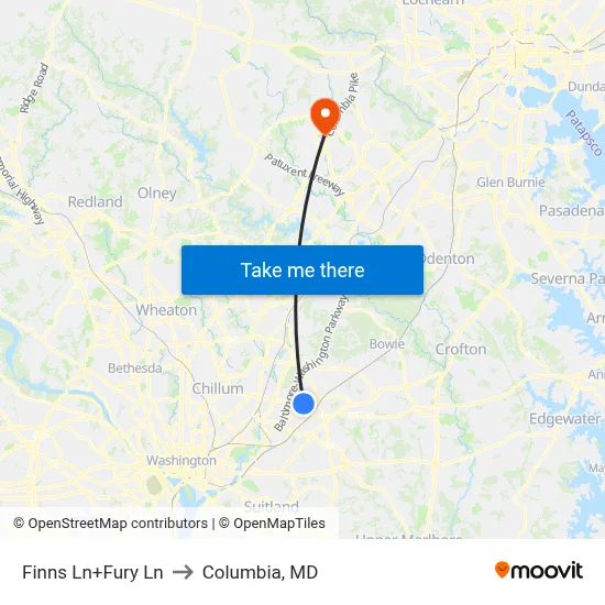 Finns Ln+Fury Ln to Columbia, MD map