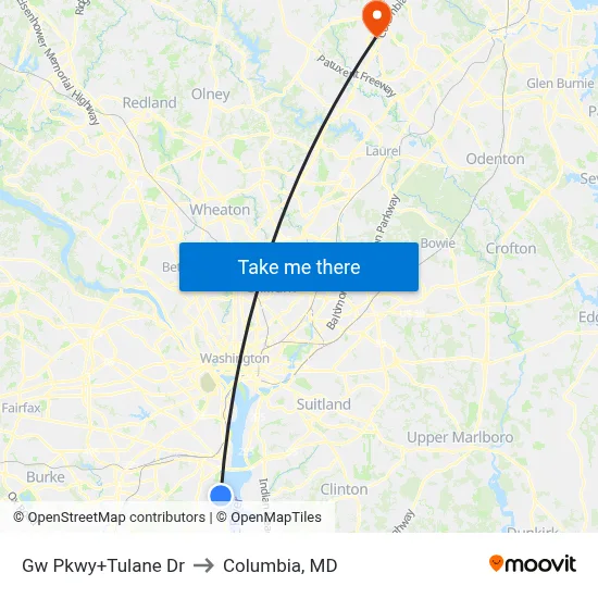 Gw Pkwy+Tulane Dr to Columbia, MD map