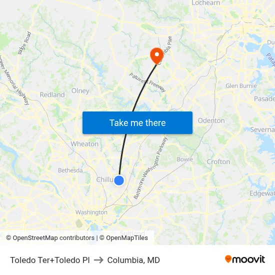 Toledo Ter+Toledo Pl to Columbia, MD map