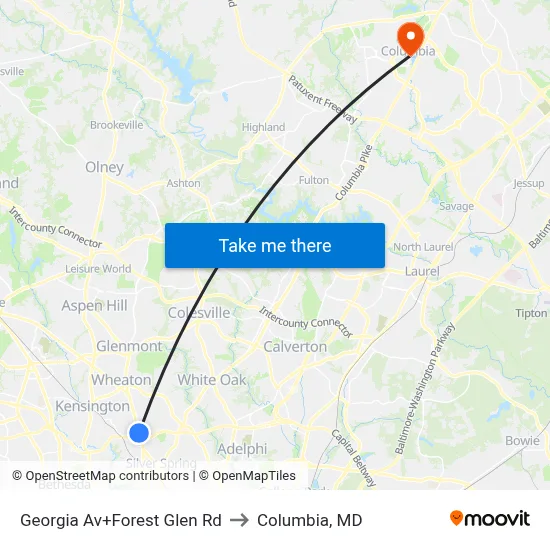Georgia Av+Forest Glen Rd to Columbia, MD map