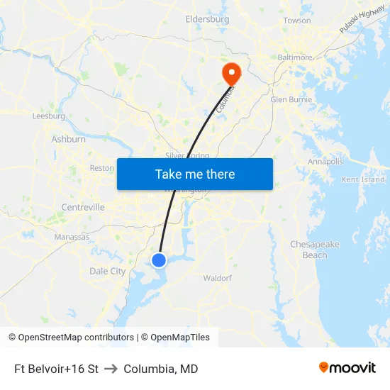 Ft Belvoir+16 St to Columbia, MD map