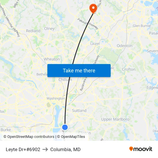 Leyte Dr+#6902 to Columbia, MD map