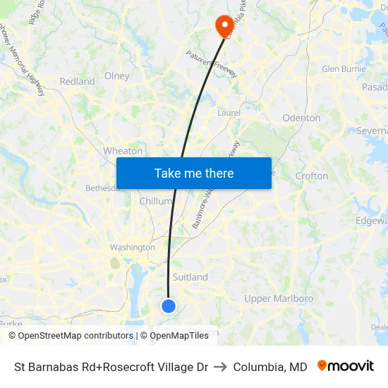 St Barnabas Rd+Rosecroft Village Dr to Columbia, MD map