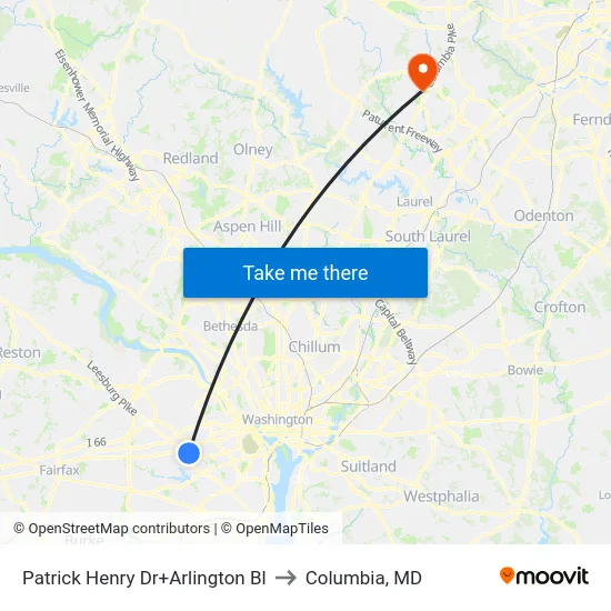 Patrick Henry Dr+Arlington Bl to Columbia, MD map