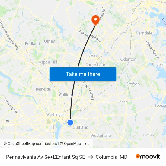 Pennsylvania Av Se+L'Enfant Sq SE to Columbia, MD map