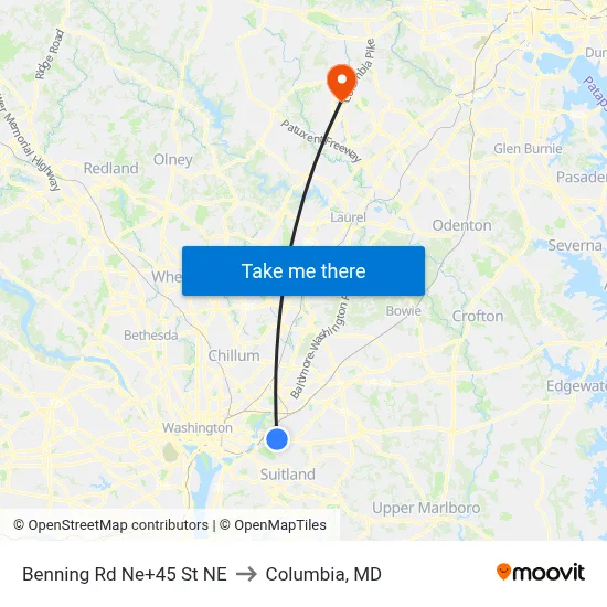 Benning Rd Ne+45 St NE to Columbia, MD map