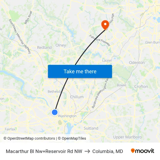 Macarthur Bl Nw+Reservoir Rd NW to Columbia, MD map